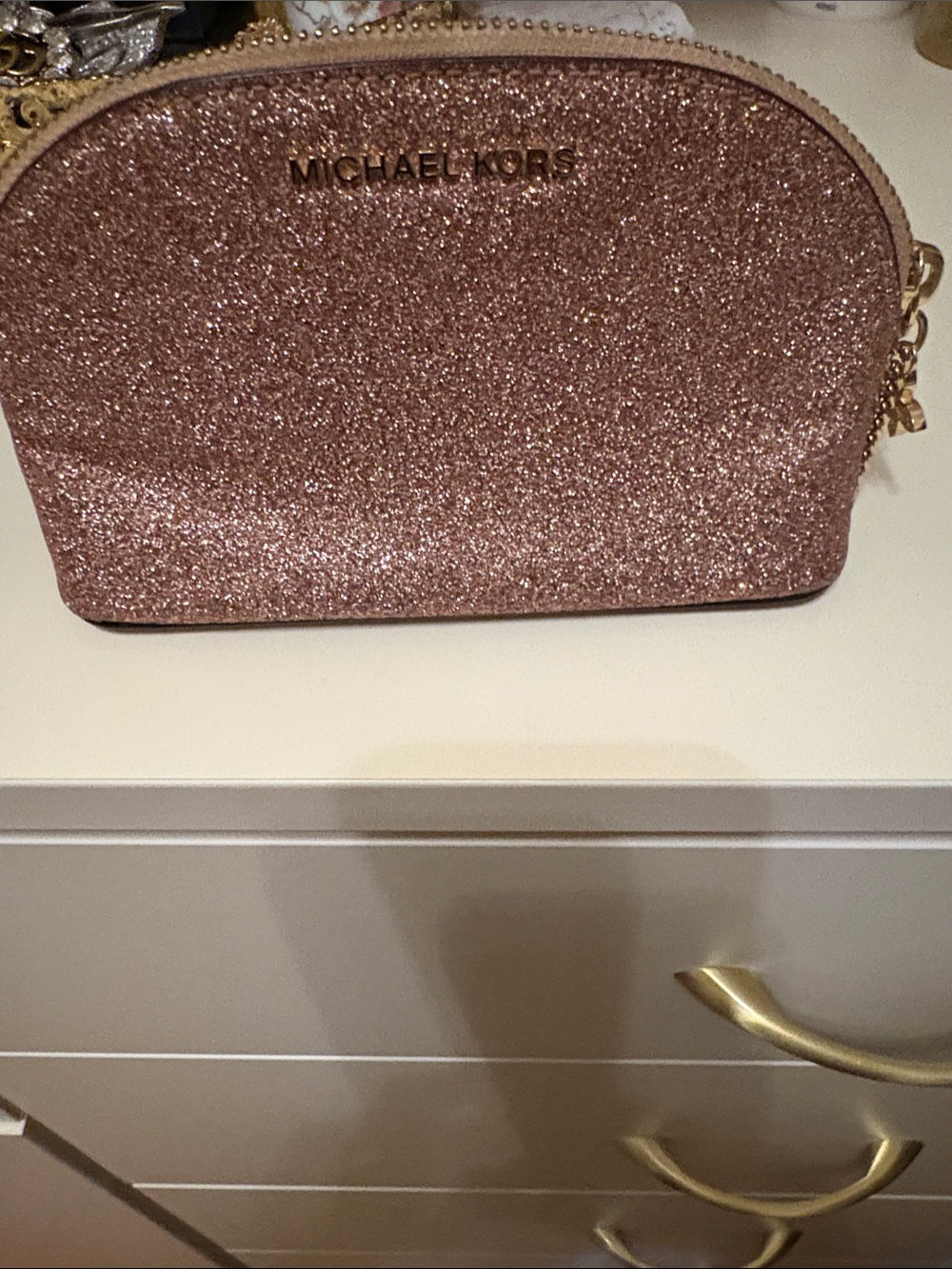 MICHAEL KORS Rose Gold Glitter Dome Cosmetic Pouch